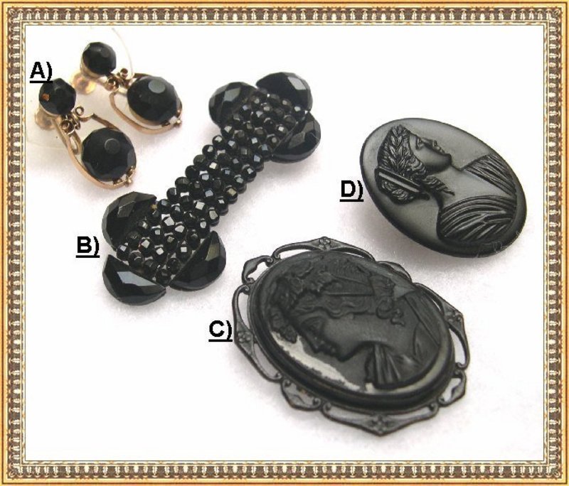 Each or 4 Vintage Mourning Victorian Black Glass Pin Ear Grapes