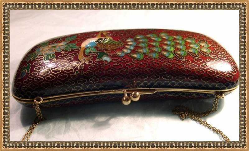 Vintage Enamel Purse Eyeglass Case Chain Peacock