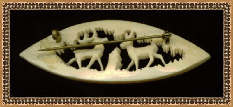 Carved 'Ivory' Bone  Deer  &amp; Doe in Woods Pin Figural