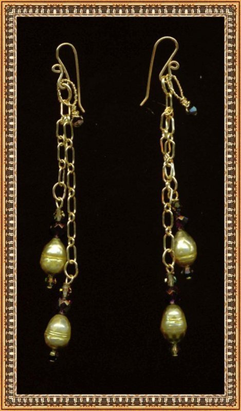 Double Chain Earrings Kiwi Pearl Amethyst Swarovski