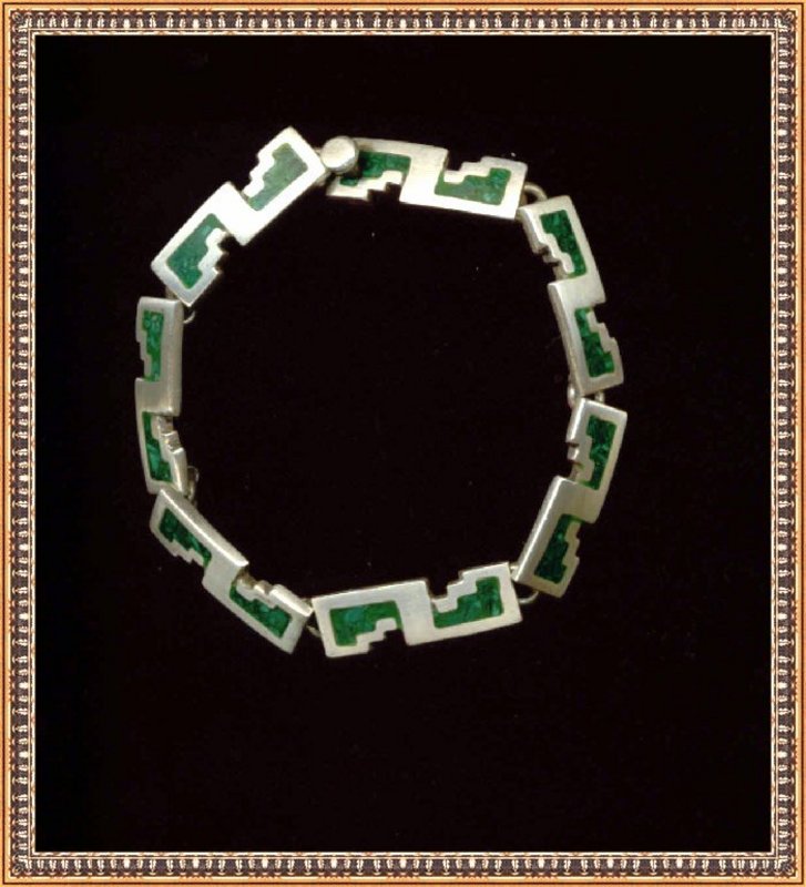 Mexican Sterling Silver Bracelet Green Inlay Mosaic TM