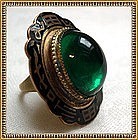 Vintage Art Deco Flapper Gold Gilt Brass Ring Green Glass Cab