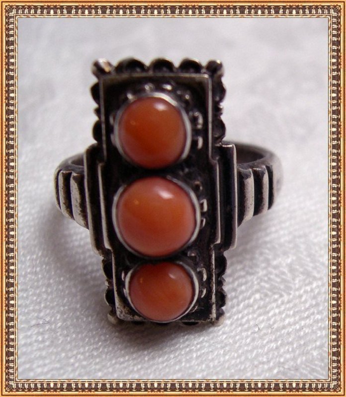 Vintage Art Deco AC Coral Cabs Silver Ring HP Box