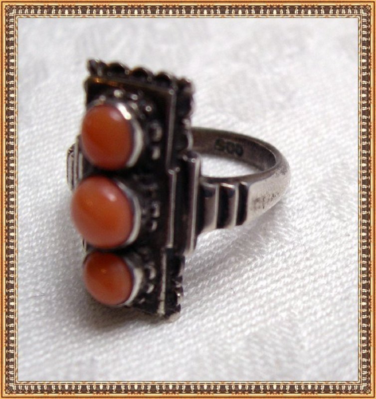 Vintage Art Deco AC Coral Cabs Silver Ring HP Box