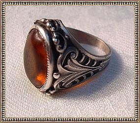 Vintage Unsigned Sterling Ring Art Nouveau Motif Citrine Glass