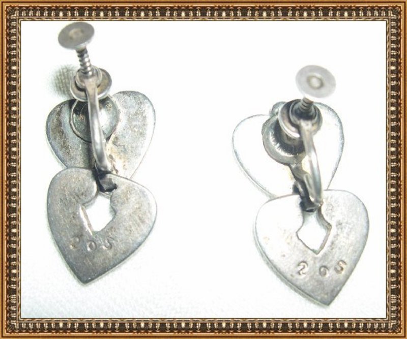 Vintage Mexican Sterling Double Heart Inlay Earrings