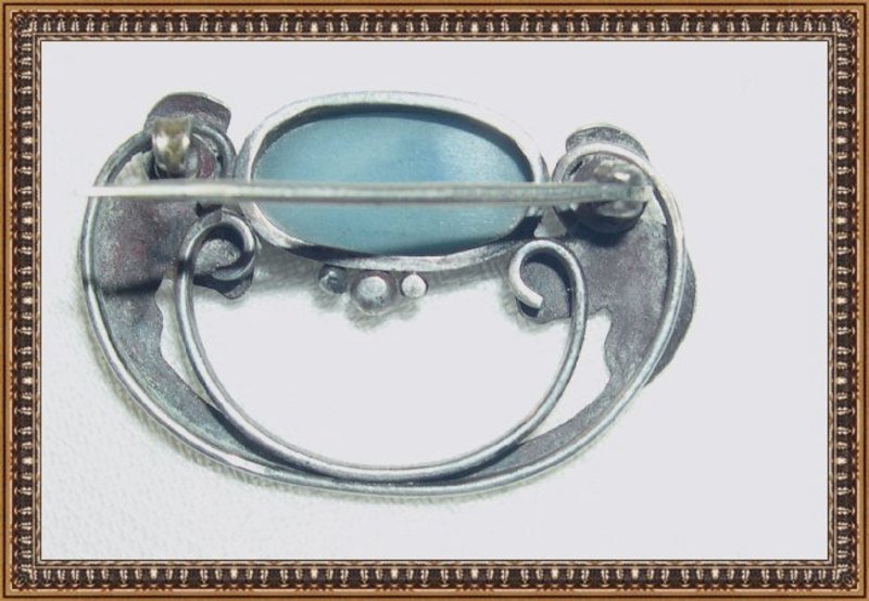 Art Nouveau Arts Crafts Silver Pin Brooch Blue Cab &quot;C&quot;
