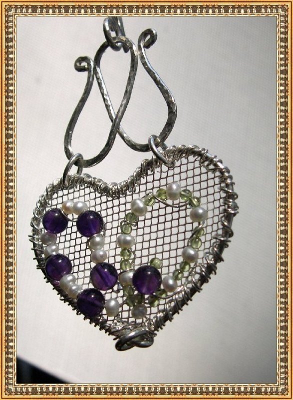 Signed Sterling Silver Sculpture Gems Heart Necklace