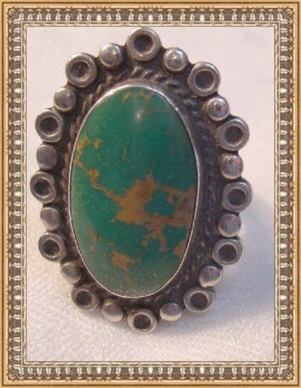 Vintage Native American Sterling Silver Ring Green Cab