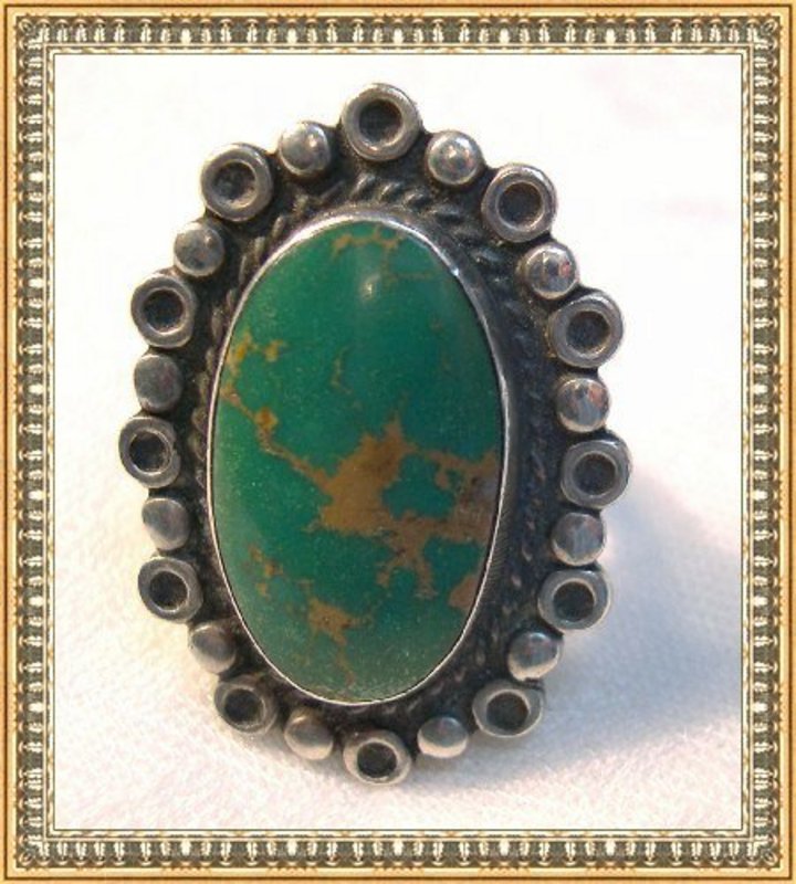 Vintage Native American Sterling Silver Ring Green Cab