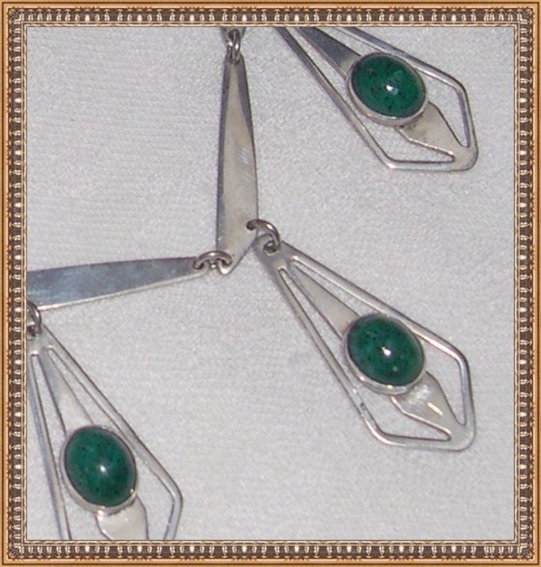 Vintage Signed CSN Sterling Necklace Bib Drops Green Cabs Israel