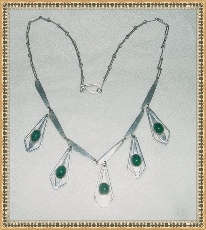 Vintage Signed CSN Sterling Necklace Bib Drops Green Cabs Israel