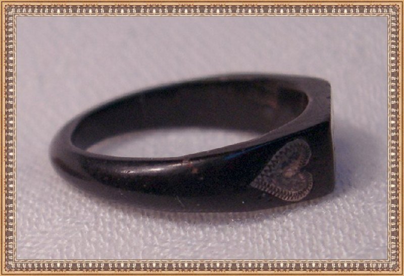Carved Jet Ring Rare Early Mid Victorian Black Silver