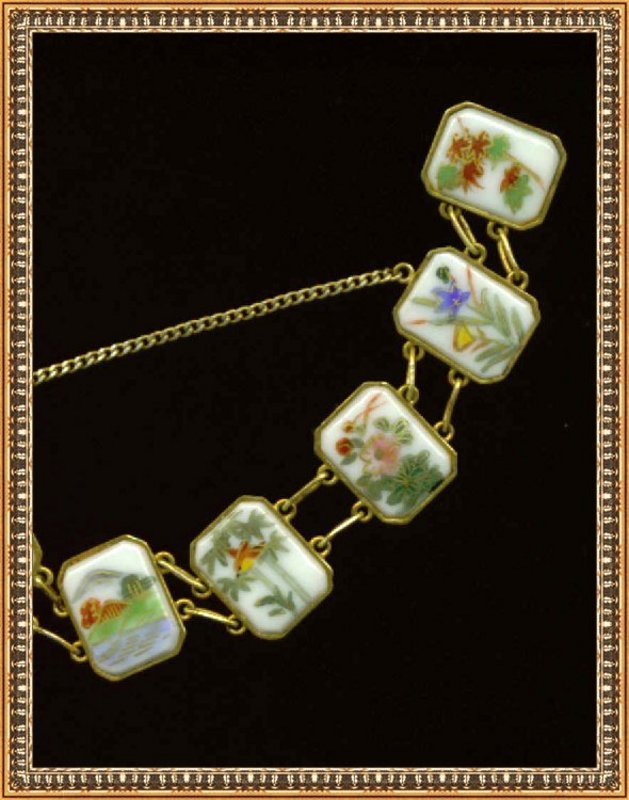 Vintage Satsuma 9 Link Bracelet Hand Painted Figural