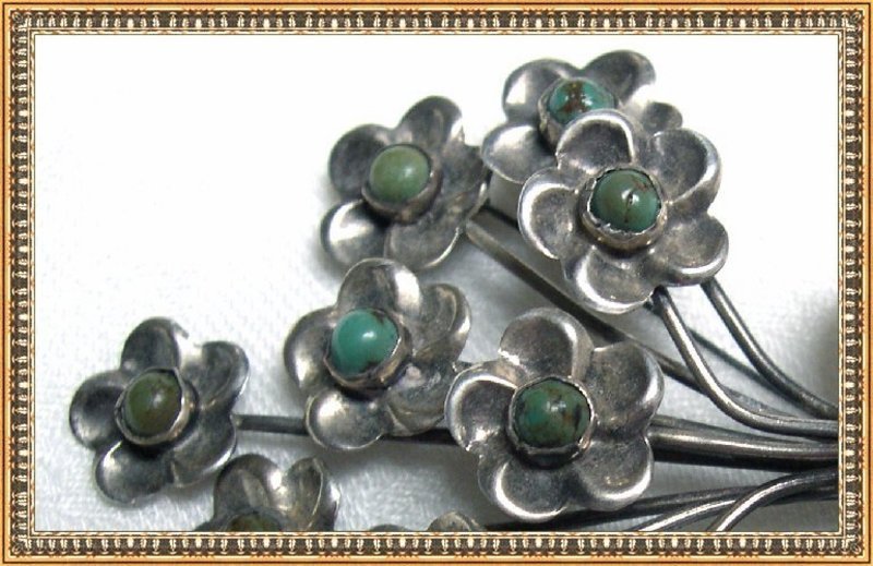 Vintage Mexican Pin Sterling Silver Turquoise Floral Assay 22