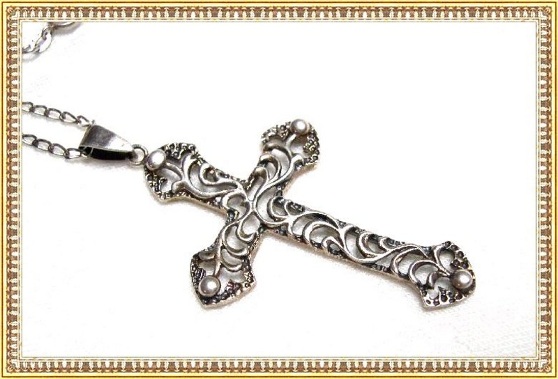 Vintage Sterling Silver Cross Ornate Open Work &amp; Chain