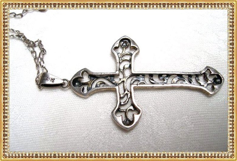 Vintage Sterling Silver Cross Ornate Open Work &amp; Chain