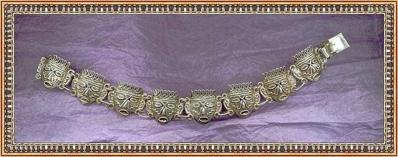 Vintage Mexico Sterling Aztec Mask Face Bracelet &quot;EME&quot;