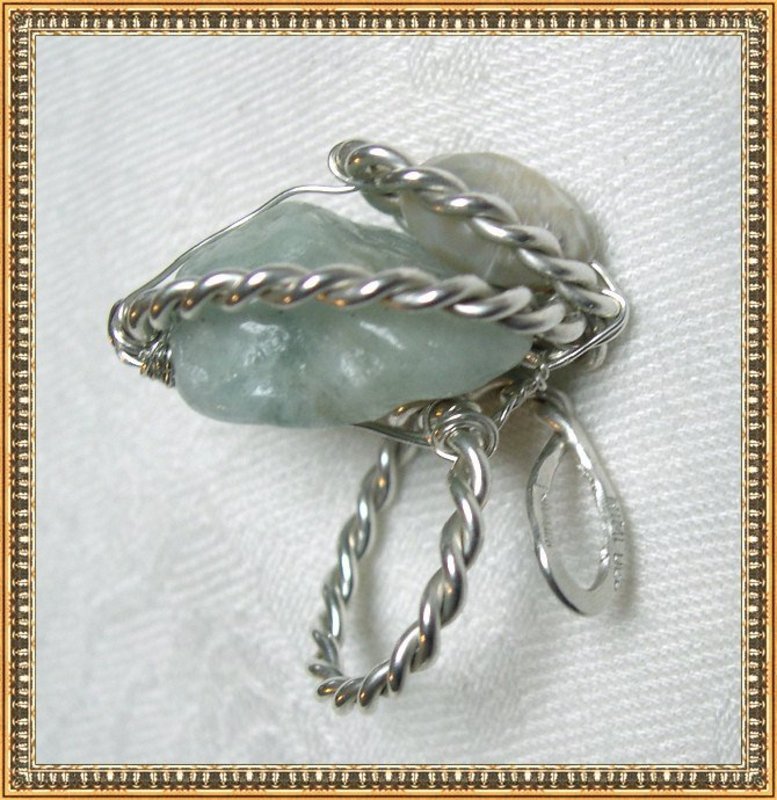 Signed MIMI DEE STERLING Silver Ring Aquamarine Pearl