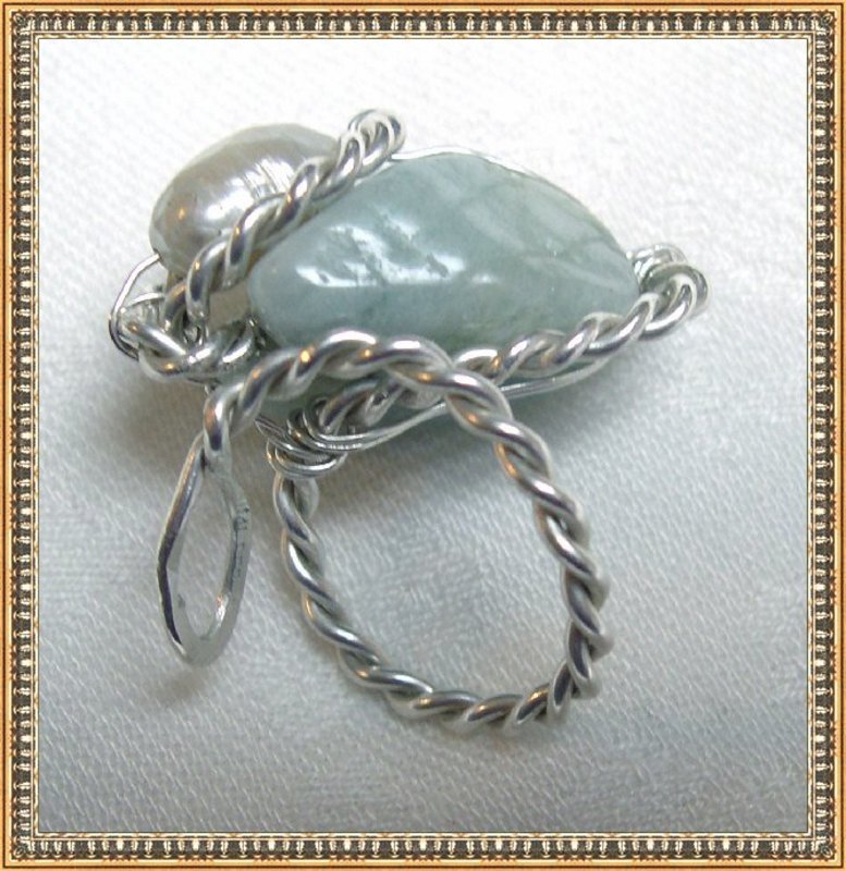 Signed MIMI DEE STERLING Silver Ring Aquamarine Pearl