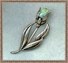 Arts Crafts Sterling Silver Pin Brooch Turquoise Tulip