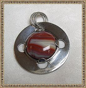 Vintage J. M. Sterling Silver Pendant Agate Lion in "C"