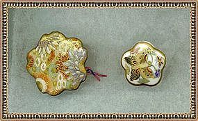 Vintage Japanese Satsuma Lotus Shape Button Floral Butterfly Duo