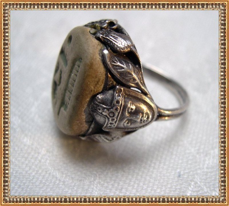 Vintage Arts Crafts Deco Silver Face Leaf Ring Mummy Clay Bead