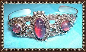 Vintage Sterling Bracelet Cuff Jelly Opal Glass Dragon's Breath