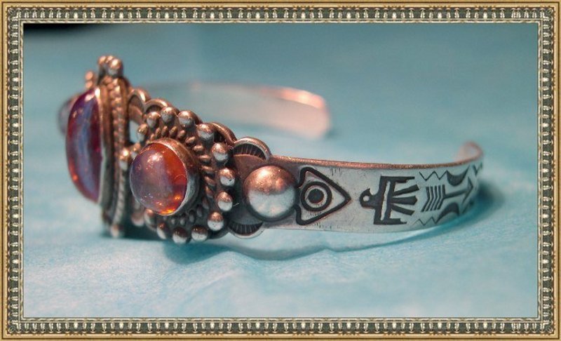 Vintage Sterling Bracelet Cuff Jelly Opal Glass Dragon's Breath