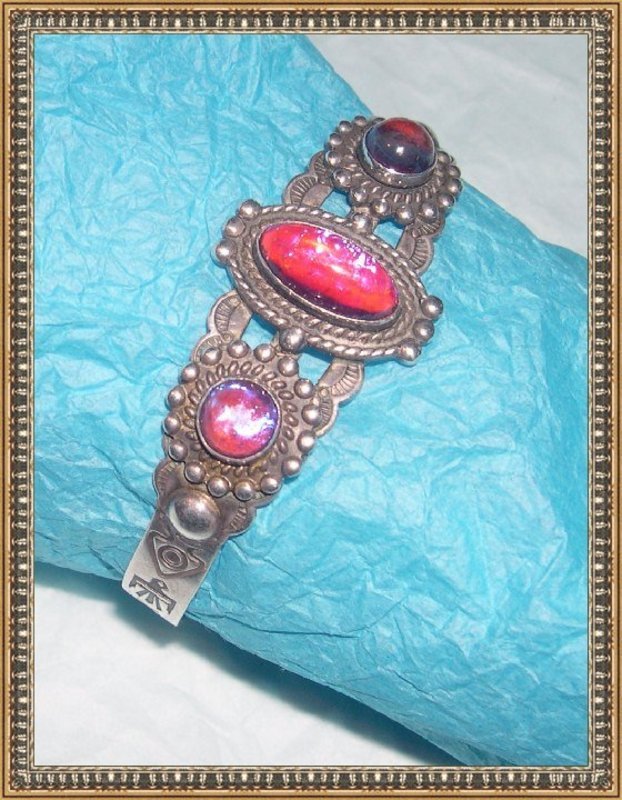 Vintage Sterling Bracelet Cuff Jelly Opal Glass Dragon's Breath