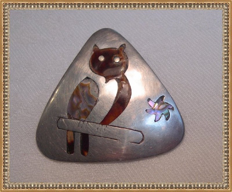 Sold Vintage Sterling Mexican Pin Tortoise Inlay Owl Abalone