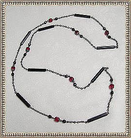 Vintage Art Deco Glass Necklace Japanned Black & Red