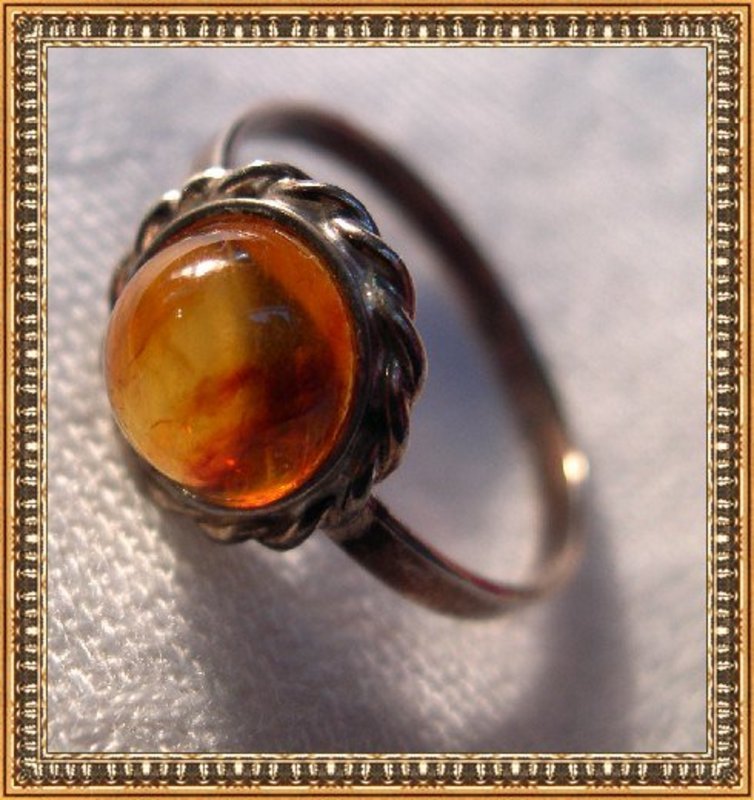 Vintage 800 Silver Amber Ring &quot;MR&quot; in Signed Red Box
