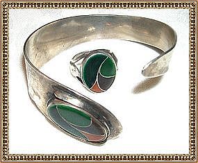 Vintage Arts Crafts Cuff Ring Set HANDWROUGHT STERLING
