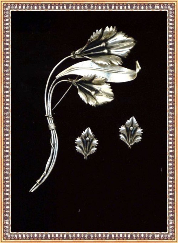 Vintage Rhodium on Sterling Bold Floral Pin Set