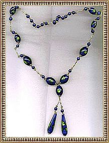 Vintage Necklace Green Cobalt Blue Glass Beads Foil