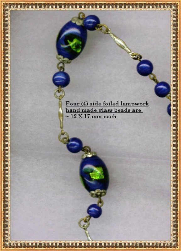 Vintage Necklace Green Cobalt Blue Glass Beads Foil