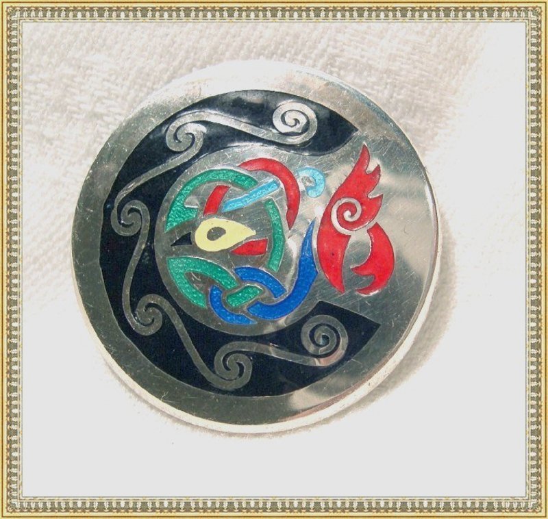 Vintage Modernist Silver Pin Enamel Book of Kells Motif