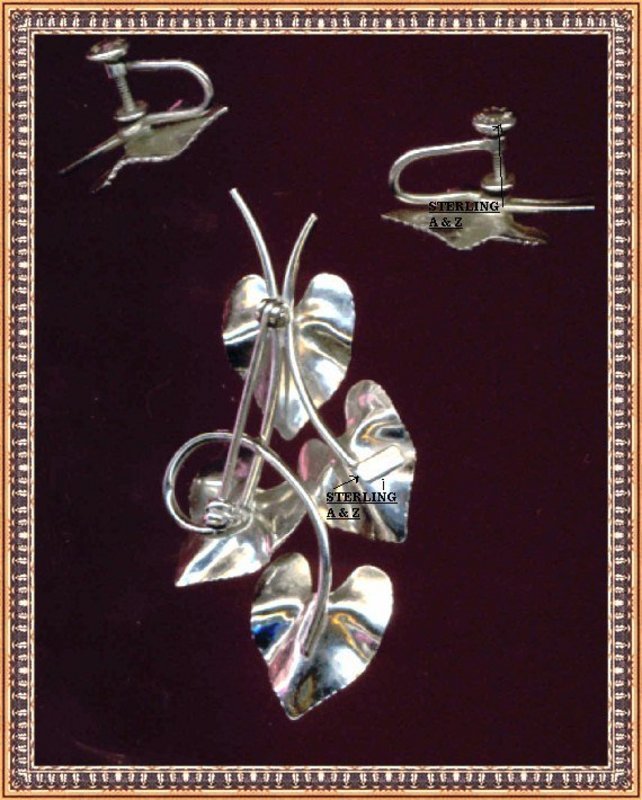 Vintage Sterling Silver Rhodium Leaf Pin Earrings Set