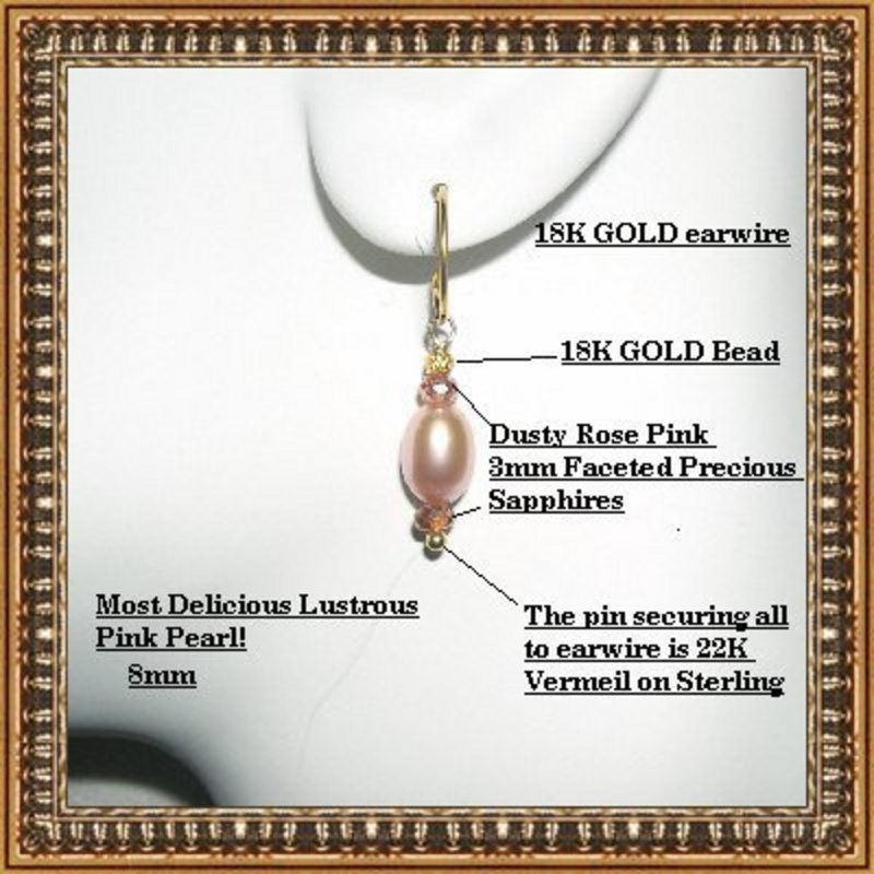 18K Gold Pink Pearl Earrings Pink Sapphires