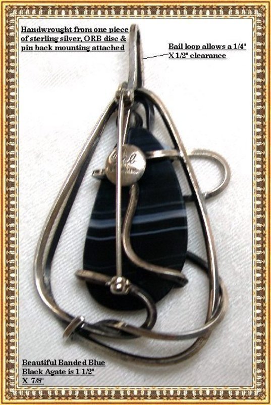Vintage Modernist ORB Pin Pendant Sterling Banded Agate  Amethyst