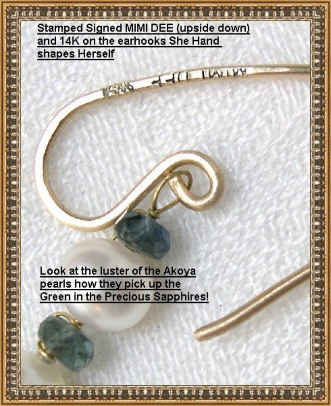 Signed MIMI DEE 14K Gold Earrings Pearl Green Sapphire