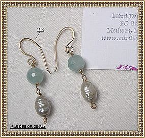 Mimi Dee 14K Gold Earrings Aquamarine White Pearls