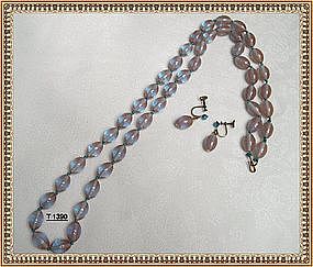 Vintage Saphiret Art Glass Necklace Earrings Set 1930