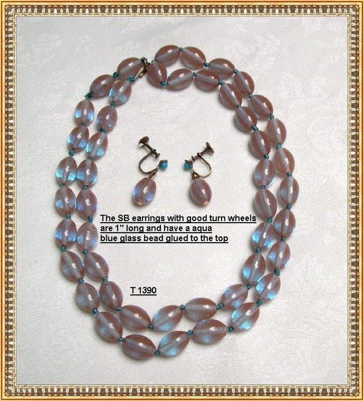Vintage Saphiret Art Glass Necklace Earrings Set 1930