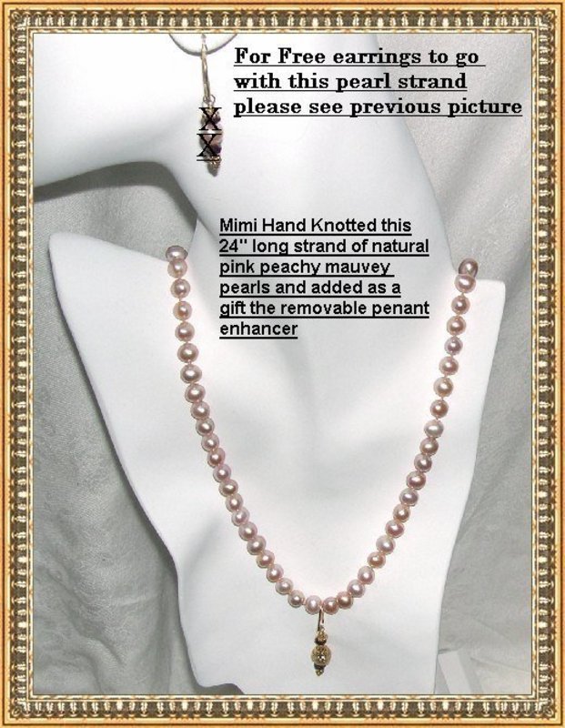24&quot; Pink Peach Pearl Necklace Strand Earrings Pendant
