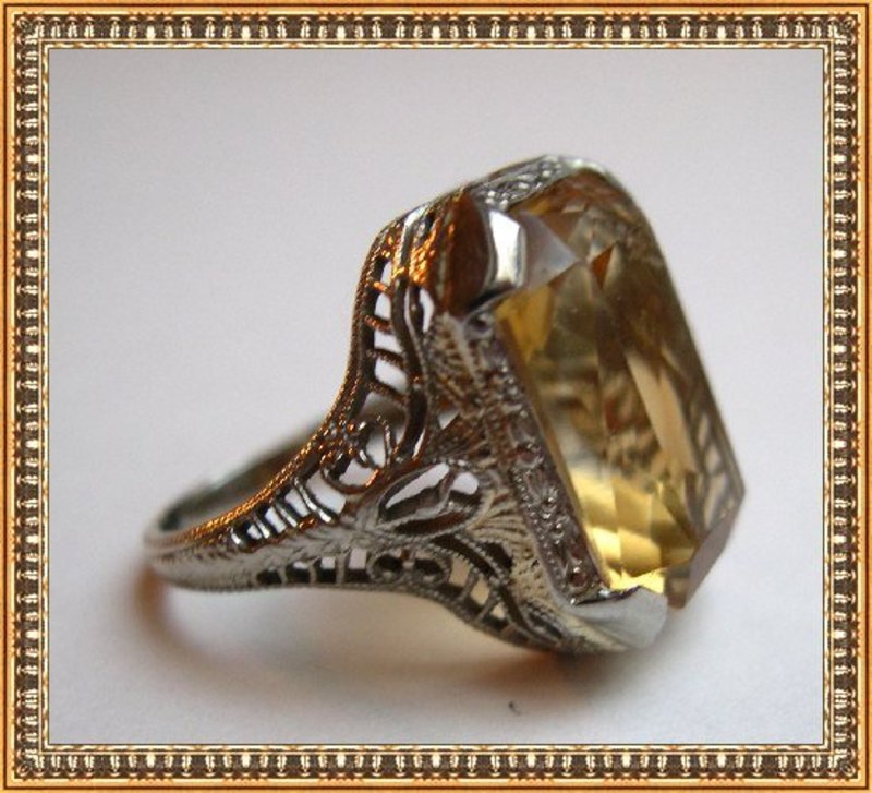 Vintage Edwardian Gold Ring 14K White Gold Citrine