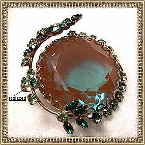 Bold Vintage Saphiret Pin Brooch 40mm Art Glass Stone