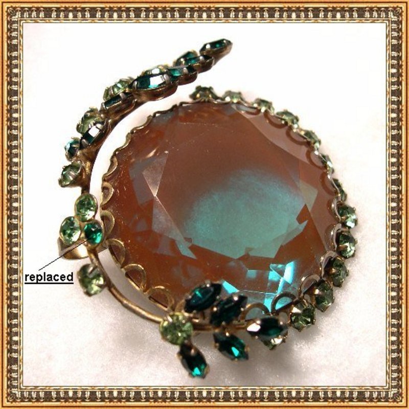 Bold Vintage Saphiret Pin Brooch 40mm Art Glass Stone